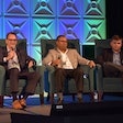 John Thomas, left, and Cedric Daniels, middle, discuss the future of fueling trucks with CCJ Editor Jason Cannon.