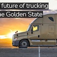 youtube thumbnail for the 10-44 of a semi truck with text that reads the future of trucking in the golden state